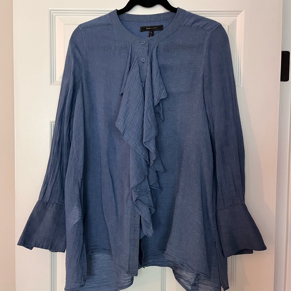 BCBGMaxAzria Slate Blue Ruffle Blouse